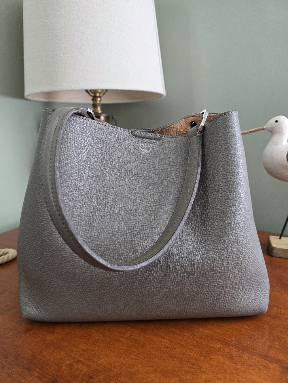 MCM Sarah Hobo Gray Pebbled Leather Shoulder Tote Bag